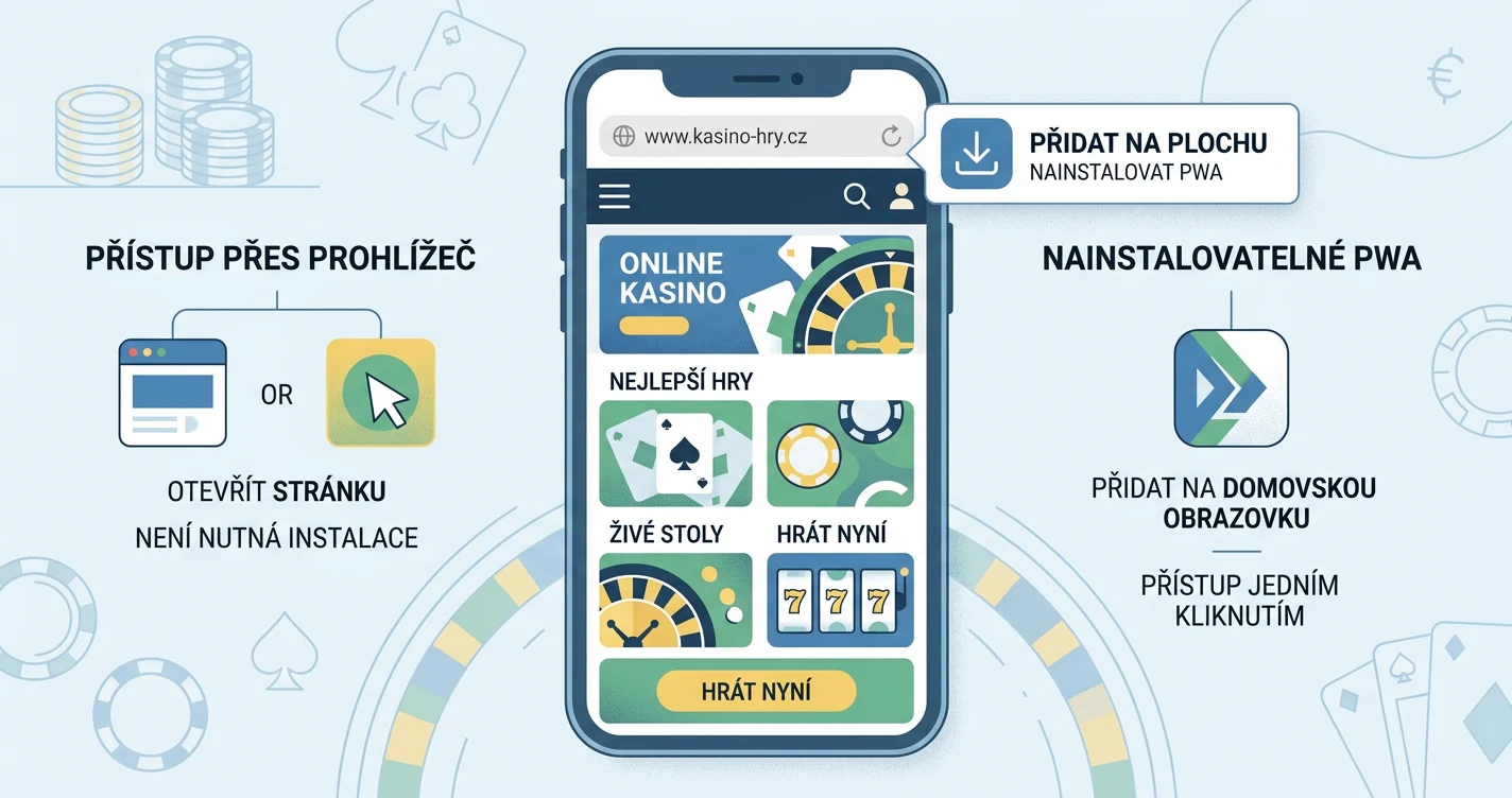 Ilustrační smartphone s obecnou kasinovou webovou aplikací a symbolem instalace PWA bez log obchodů s aplikacemi