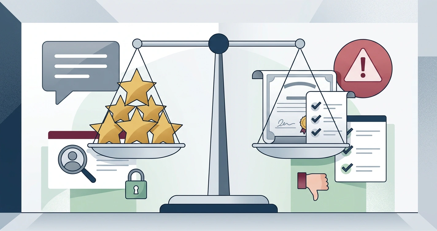 Ilustrační váha důkazů s recenzními hvězdami, certifikátem, kontrolním seznamem a varovnými symboly