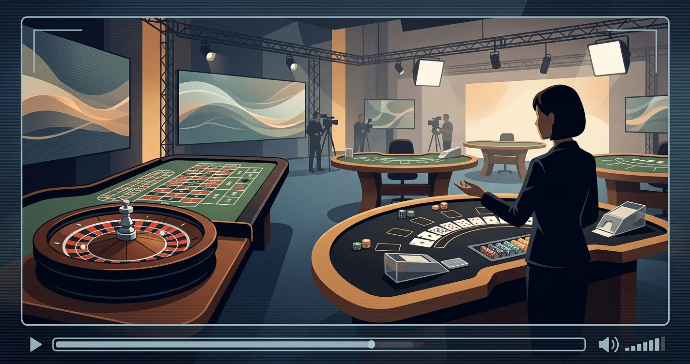 Ilustrační live casino studio s ruletou, kartami a neutrálním dealerským stolem