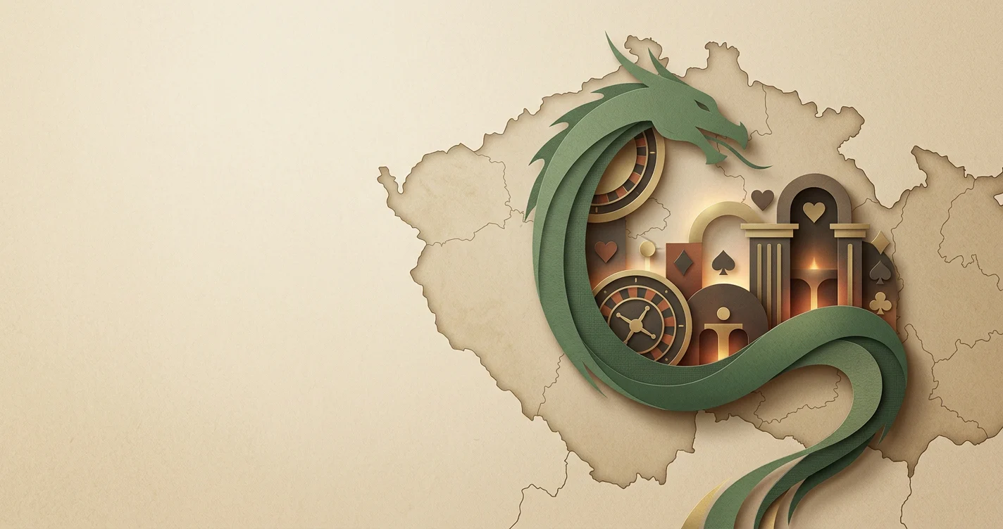 Editorialní ilustrace draka, herních prvků a českého kontextu